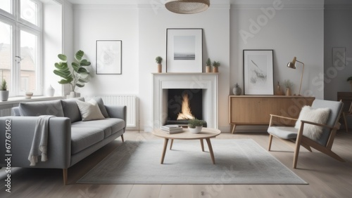 Grey daybed sofa against fireplace. Rustic scandinavian home interior design of modern living room © Marko