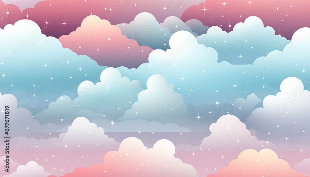 Cute colorful pastel clouds seamless pattern background. Rainbow unicorn background with clouds and stars. Pastel color sky. Magical landscape, abstract fabulous pattern. Cute candy wallpaper. Cute colorful pastel clouds seamless pattern background. Rainbow unicorn background with clouds and stars. Pastel color sky. Magical landscape, abstract fabulous pattern. Cute candy wallpaper.