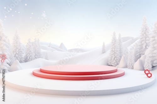 Merry Christmas banner with stage product display cylindrical shape and festive decoration for Christmas, snow background, promotion display, 3D rendering product display platform. © PimPhoto