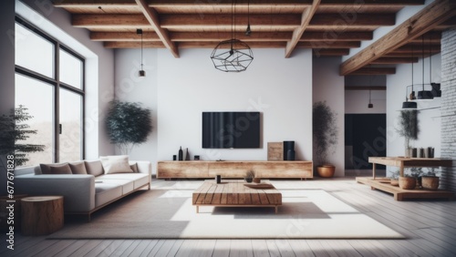 Minimalist interior design of modern living room with rustic accent pieces © Marko