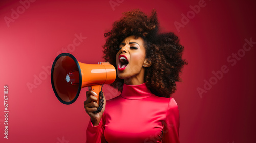 Energetic Announcement: Woman with Megaphone in Orange and pink background for copy space