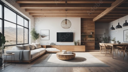 Minimalist interior design of modern living room with rustic accent pieces © Marko
