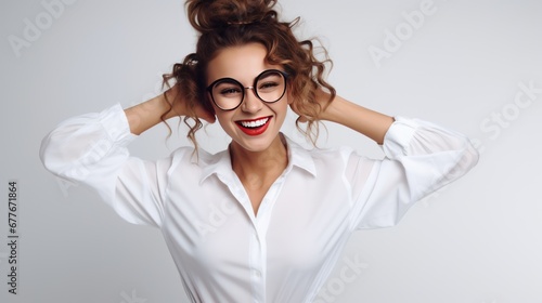Portrait of shiny charming lady wear white blouse heart glasses dancing .white background