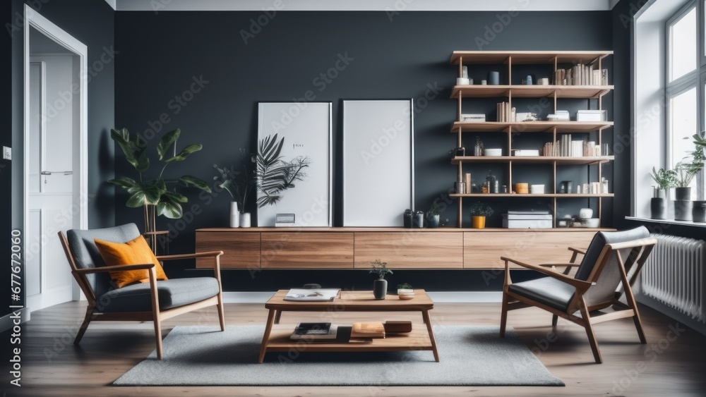 Shelving unit and console table near dark wall. Scandinavian style interior design of modern living room with wooden chair
