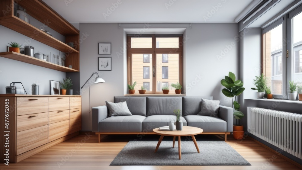 Studio apartment with grey sofa against window and wooden cabinet. Interior design of modern living room Studio apartment with grey sofa against window and wooden cabinet. Interior design of modern living room