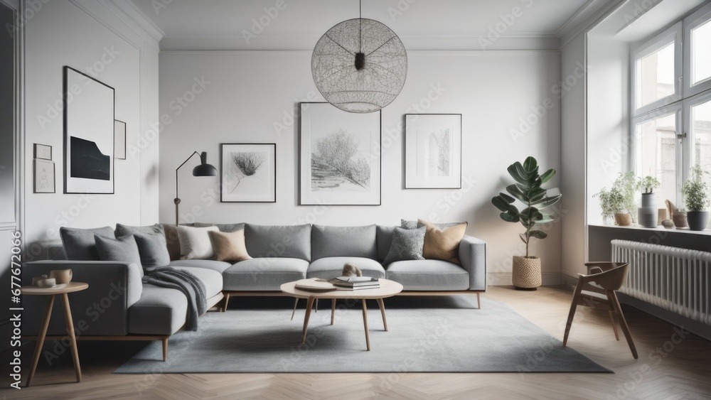 Studio apartment with grey sofa against window and wooden cabinet. Interior design of modern living room Studio apartment with grey sofa against window and wooden cabinet. Interior design of modern living room