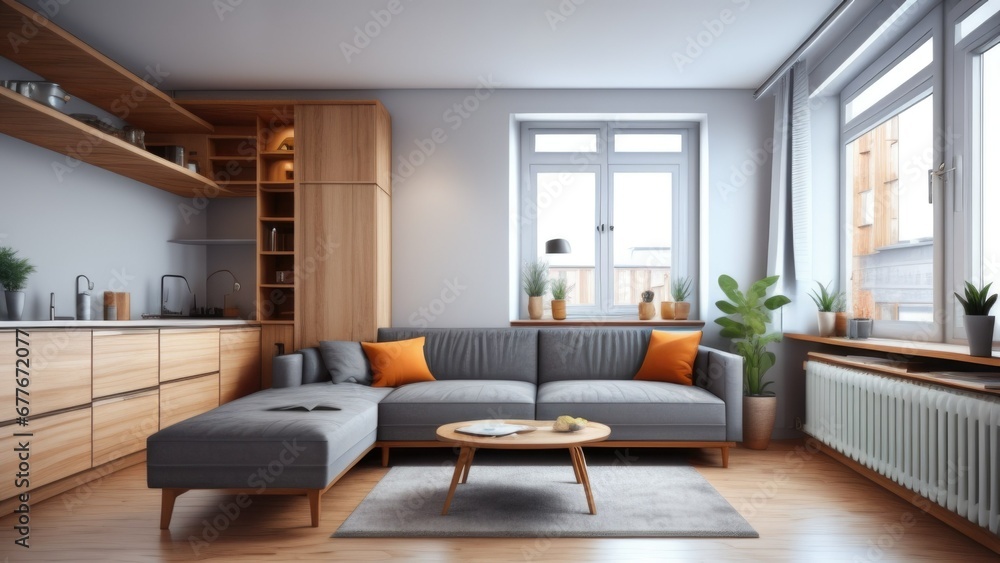 Studio apartment with grey sofa against window and wooden cabinet. Interior design of modern living room Studio apartment with grey sofa against window and wooden cabinet. Interior design of modern living room