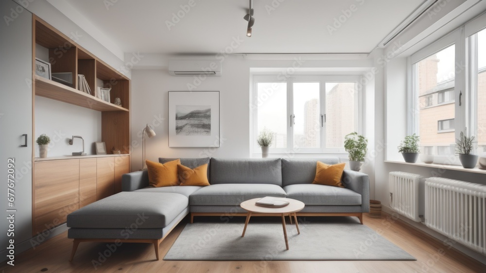 Studio apartment with grey sofa against window and wooden cabinet. Interior design of modern living room