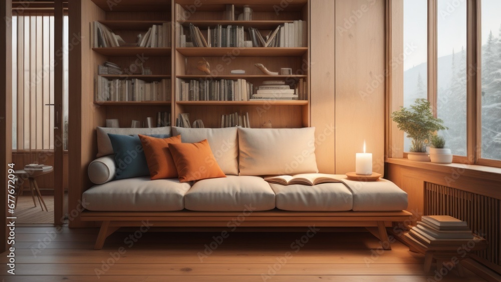 Stylish and cozy reading nook. Pillows and wooden tray with burning candle on sofa against window. Scandinavian interior design of modern living room Stylish and cozy reading nook. Pillows and wooden tray with burning candle on sofa against window. Scandinavian interior design of modern living room