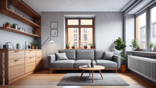 Studio apartment with grey sofa against window and wooden cabinet. Interior design of modern living room © Marko