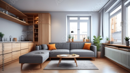 Studio apartment with grey sofa against window and wooden cabinet. Interior design of modern living room