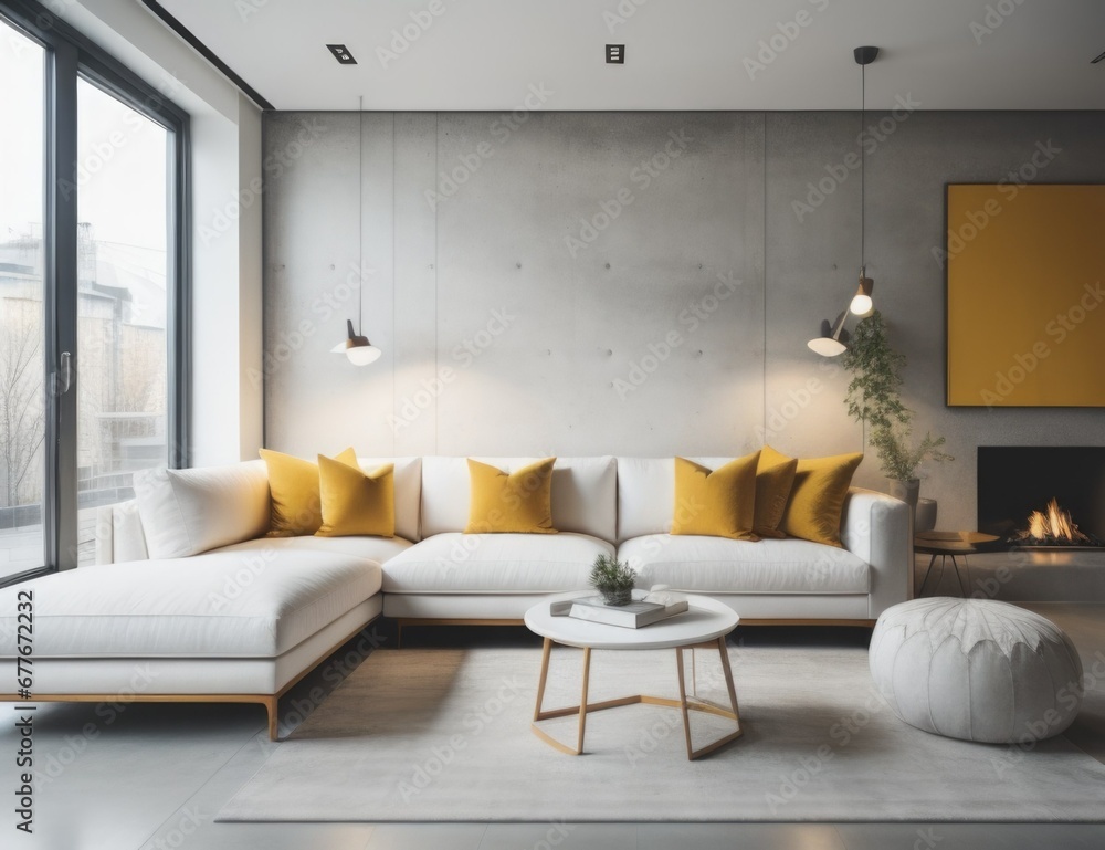 White sofa with yellow pillows against concrete wall with fireplace. Scandinavian home interior design of modern living room