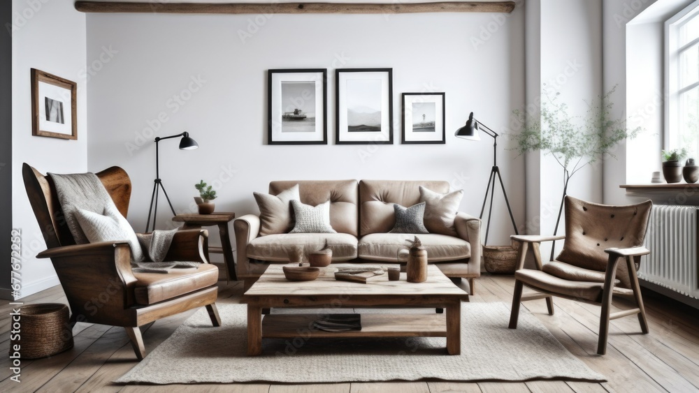 Fototapeta premium Wing chair near rustic wooden coffee table. Interior design of scandinavian living room with frames