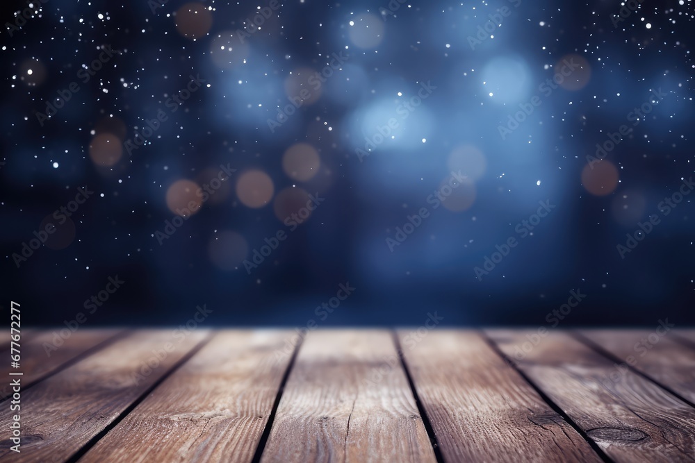 Winter snowy blurred black background and wooden flooring Winter snowy blurred black background and wooden flooring