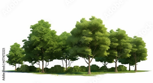 green trees  beautiful small grove with grass and shrubs  isolated on white background  Generative AI