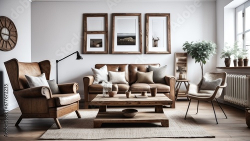 Wing chair near rustic wooden coffee table. Interior design of scandinavian living room with frames