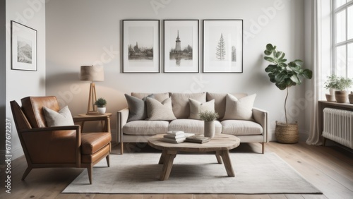 Wing chair near rustic wooden coffee table. Interior design of scandinavian living room with frames © Marko