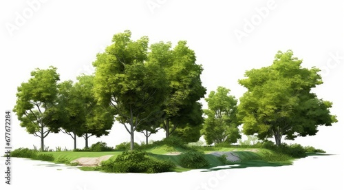 green trees, beautiful small grove with grass and shrubs, isolated on white background, Generative AI