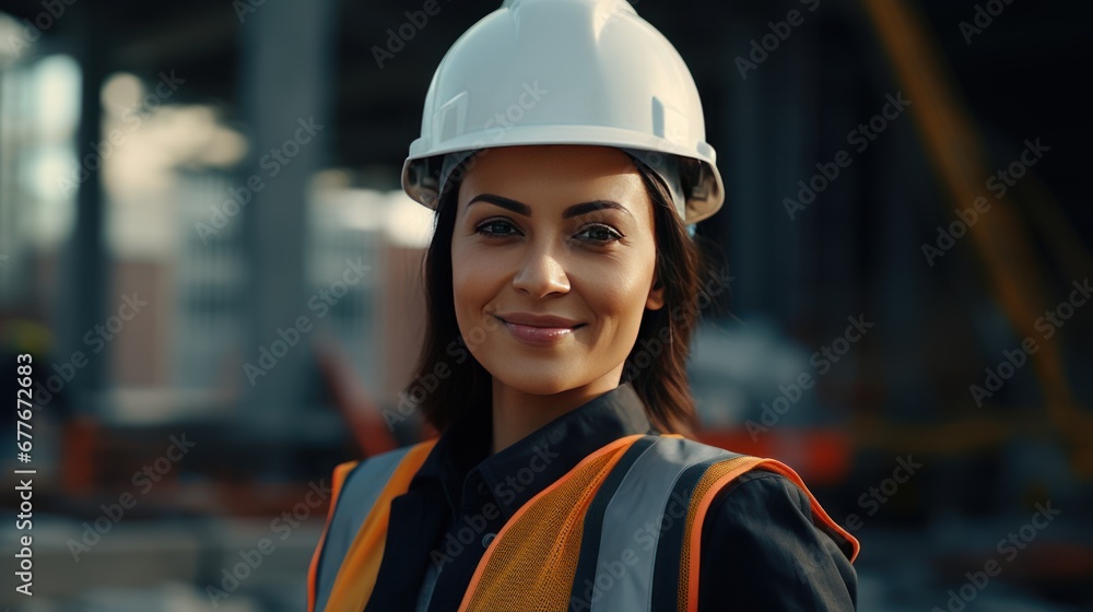 Close up smiling face of engineer manager leader woman wearing helmet ,smiling female architect in uniform Close up smiling face of engineer manager leader woman wearing helmet ,smiling female architect in uniform