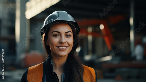 Portrait of smiling female architect in uniform at construction site,engineer looking at camera against background in factory © CStock
