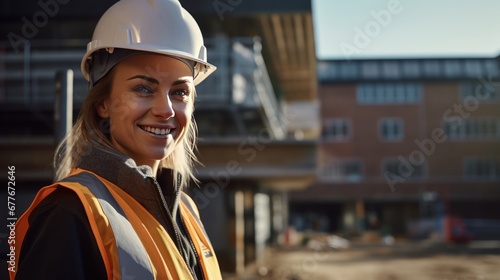 Close up smiling face of engineer manager leader woman wearing helmet ,smiling female architect in uniform