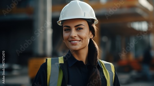 Close up smiling face of engineer manager leader woman wearing helmet ,smiling female architect in uniform