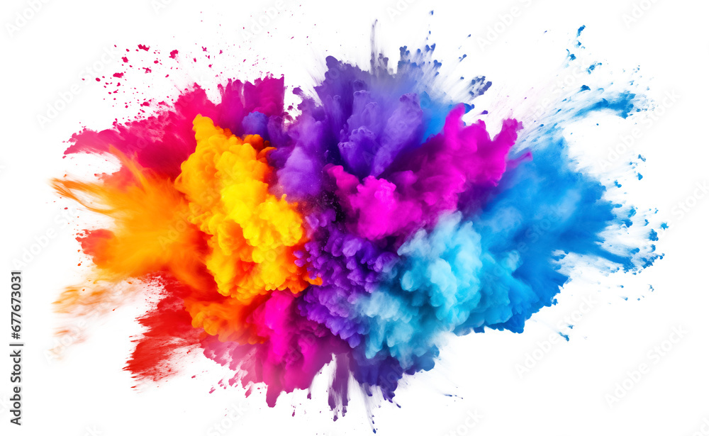 Explosion of colored powder, isolated on transparent background, png. Beautiful swirling colorful smoke. Abstract ink splash. 
