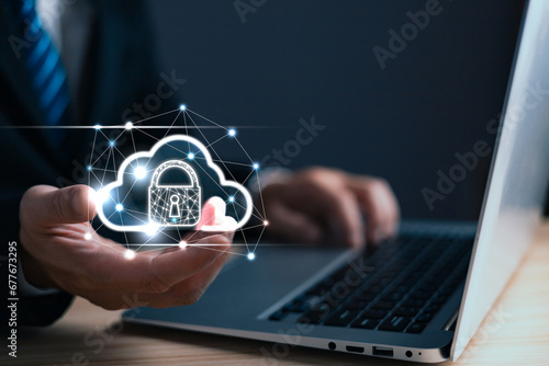 man holding cloud technology diagram show on hand. Data storage.Cloud technology.Secure backup and consistency Networking and internet service concept.Implementing storage technology in business