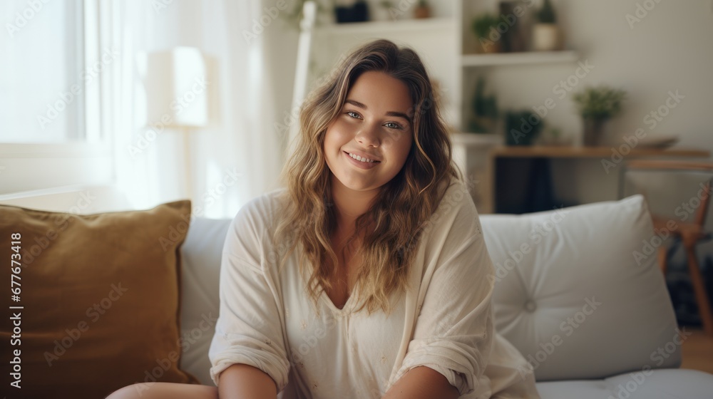 Portrait of Teenager woman smiling and looking to camera while relax in living room at home Portrait of Teenager woman smiling and looking to camera while relax in living room at home