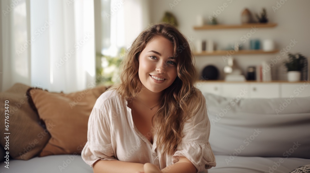 Portrait of Teenager woman chubby smiling and looking to camera while relax in living room at home. Portrait of Teenager woman chubby smiling and looking to camera while relax in living room at home.
