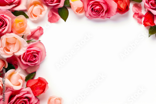 Bunch of pink and red roses on white background with place for text.
