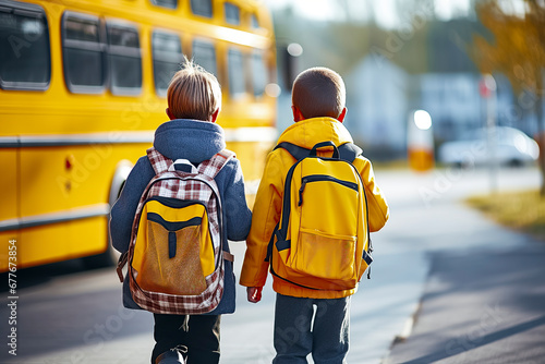 The Morning Routine: Young Students Walking Towards a Yellow School Bus, ai generative