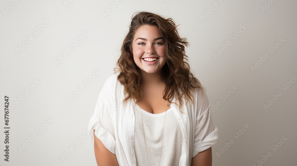 Portrait of Young plus size girl smiling happy standing white background Portrait of Young plus size girl smiling happy standing white background