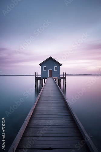 A Tranquil Evening: The Wooden Walkway Leading to a Lake House at Sunset, ai generative