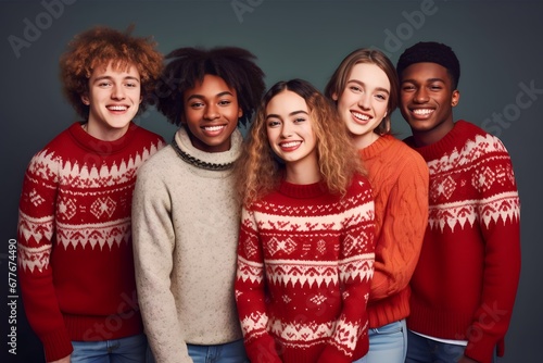 diverse group friendship young people wear ornament sweaters arms isolated red color background