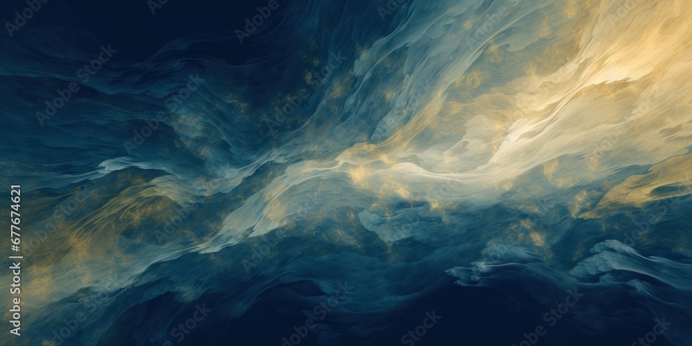 Abstract paint background by deep blue and gold color with liquid fluid texture in luxury concept, Generative AI - obrazy, fototapety, plakaty 