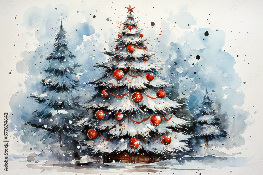 Christmas tree with red balls on the background of a winter landscape. Watercolor drawing.