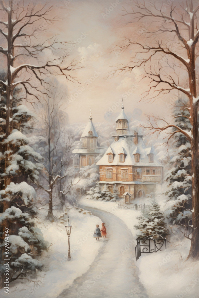 Fototapeta premium Vintage post card template, winter street with snow