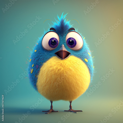 Cute little blue bird with big eyes. 3D rendering.