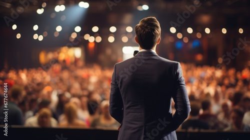 Rear view of Motivational speaker with on stage, blurred audience,meeting of many people