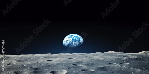View of Moon limb with Earth rising on the horizon. Planet earth and satellite moon