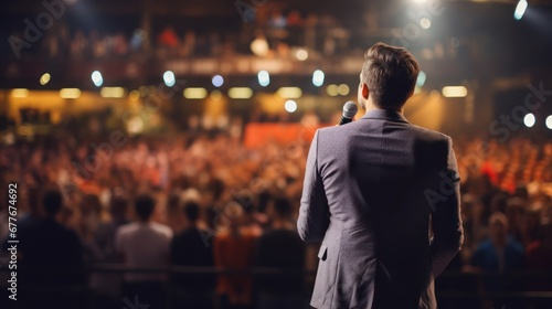 Rear view of Motivational speaker with on stage, blurred audience,meeting of many people