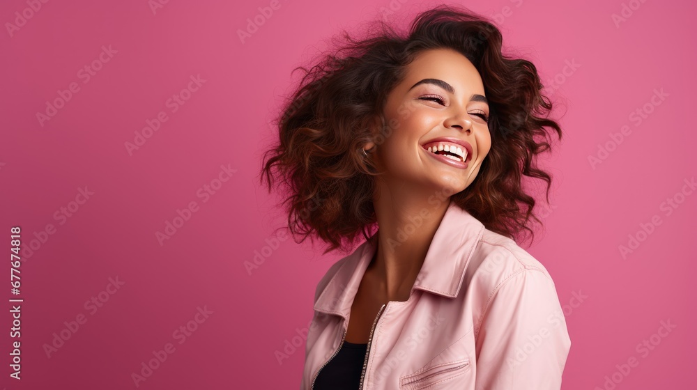 Side view of an attractive hispanic woman feeling happy in front of a bright pink background Side view of an attractive hispanic woman feeling happy in front of a bright pink background