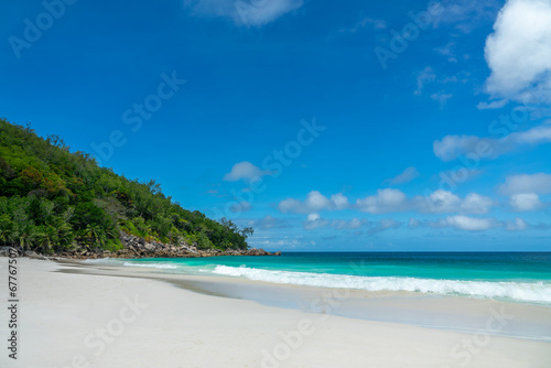 Anse Georgette scenic beach in Praslin island, Seychelles © Delphotostock