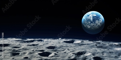 View of Moon limb with Earth rising on the horizon. Planet earth and satellite moon photo