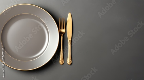 Top view of empty plate and gold cutlery on gray background,Details on the dining table