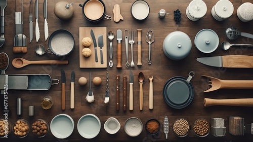 Details in the kitchen,Top view of Kitchen utensils, cooking ingredients and kitchenware photo