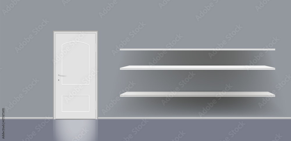 The interior of an empty room with shelves on the wall and a door.
Free space for copying, 3d image. The interior of an empty room with shelves on the wall and a door.
Free space for copying, 3d image.