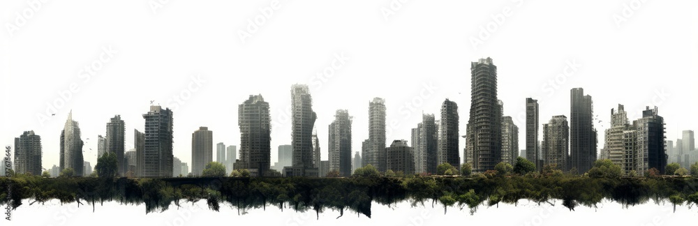 post-apocalyptic skyline, ruined skyscrapers, tall overgrown buildings isolated on white background, Generative AI - obrazy, fototapety, plakaty 