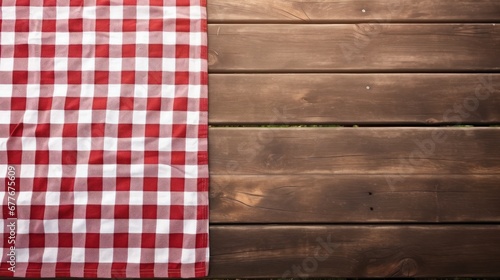 Top view of picnic tablecloth on old wooden table with copy space